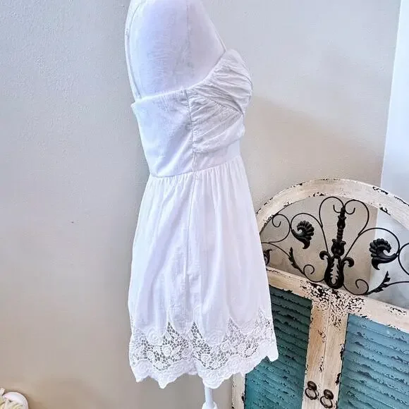 Coastal Cowgirl White Ruched Ruffles with eyelet Dress Small Cottage Coquette - Picture 6 of 9